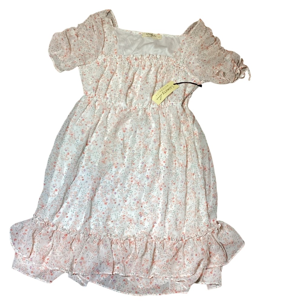 Liberty Love Maternity Floral‎ Puff Sleeve Square Neck Ruffle Dress Size L - NWT